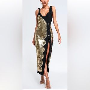 Elegant Black and Gold Sequin Midi Dress
